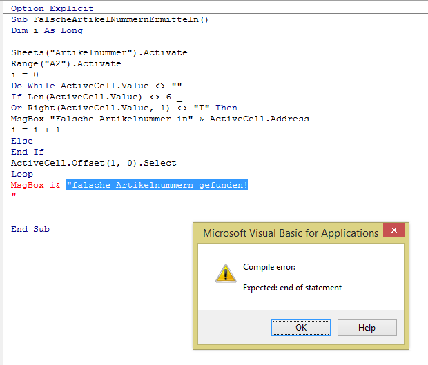vba compile error expected